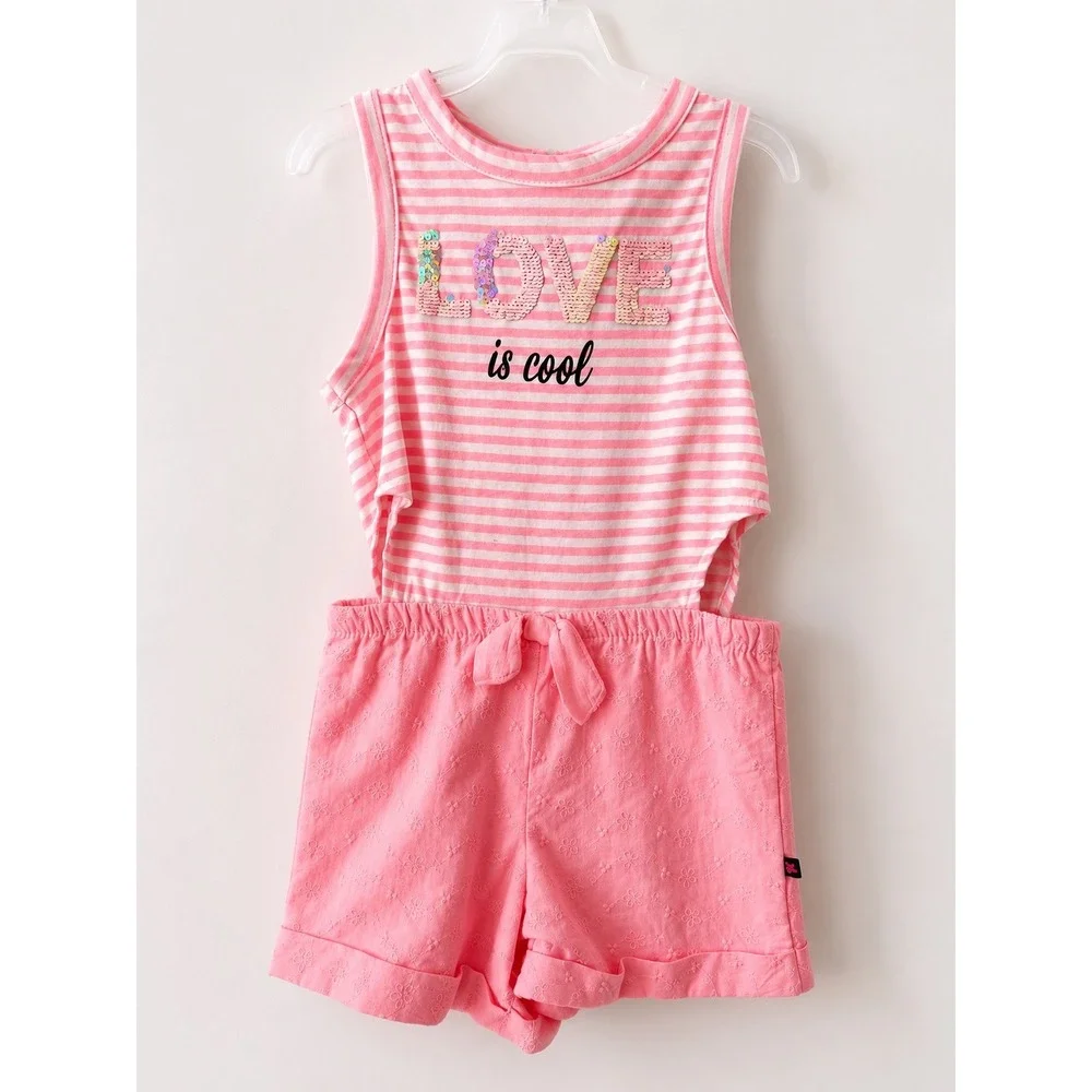 Justice Romper Kids Size 5 Pink Good Sequin Love Striped Eyelet One Piece
